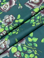 Teal colored cotton fabric with blue fowers print