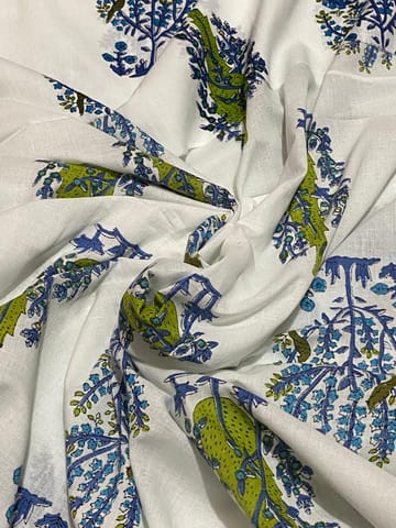 White cotton fabric With BlueLeaves