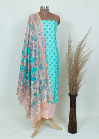 Sky Blue Color Cotton Print Shirt With Cotton Bottom And Cotton Printed Dupatta