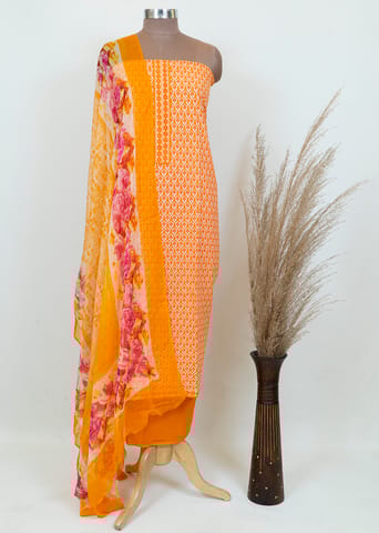 Orange Cotton Printed Suit Set With Chiffon Printed Dupatta