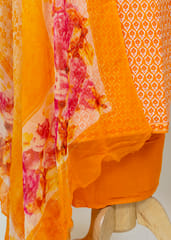 Orange Cotton Printed Suit Set With Chiffon Printed Dupatta