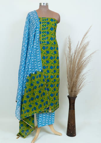 Blue Color Cotton Printed Suit Set with Cotton Dupatta