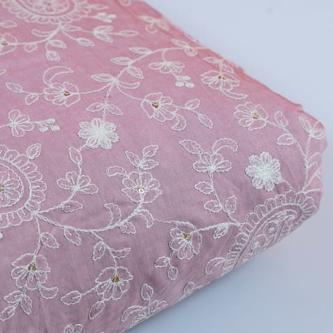 Peachish Pink Color Muslin Thread Embroidered Fabric