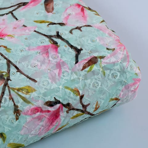 Sea Green Georgette Embroidered Fabric Print