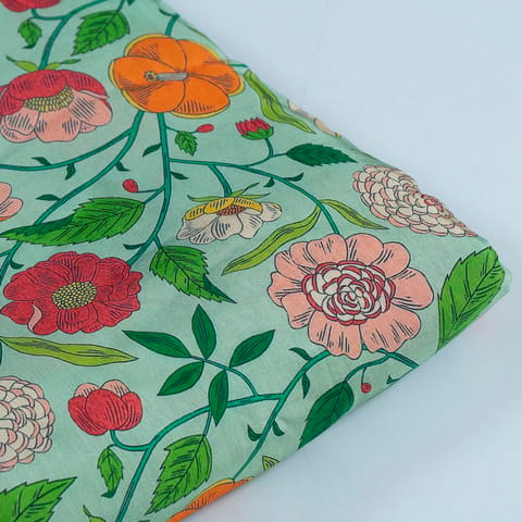 Sea Green Color Muslin Digital Printed Fabric