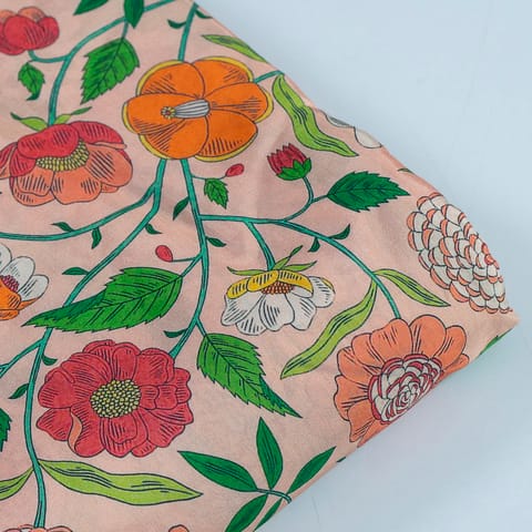 Peach Color Muslin Digital Printed Fabric