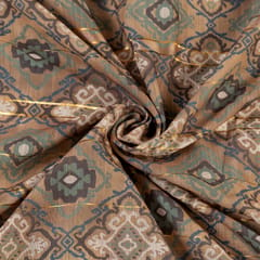 Beige Brown Muslin Zari Digital Printed Fabric