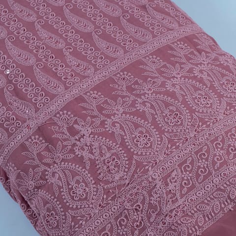 Onion Pink Color Georgette Chikan Embroidered Fabric With Sequins