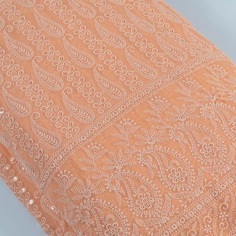 Peach Color Georgette Chikan Embroidered Fabric With Sequins