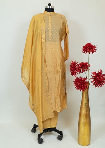 Burnt Orange Chanderi Embroidered Shirt With Cotton Lower and Chanderi Dupatta