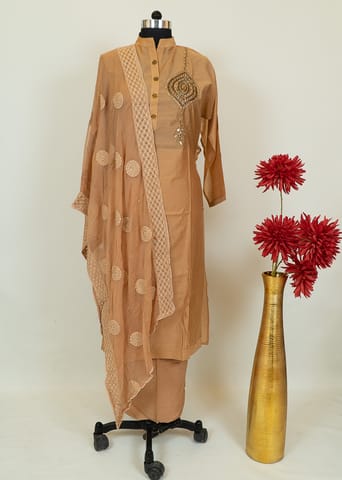 Light Brown Chanderi Embroidered Shirt With Cotton Lower And Lakhnavi Dupatta