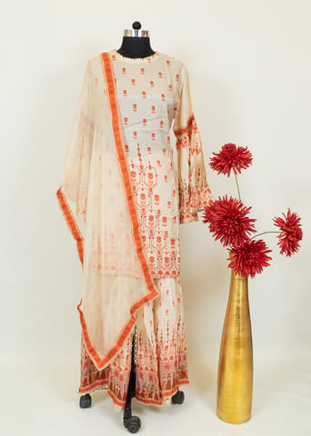 Cream Color Muslin Printed Sharara Suit Set With Chiffon Dupatta