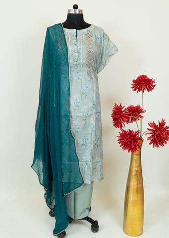 Grey Color Muslin Embroidered Shirt With Cotton Lower And Rama Green Color Chiffon Dupatta