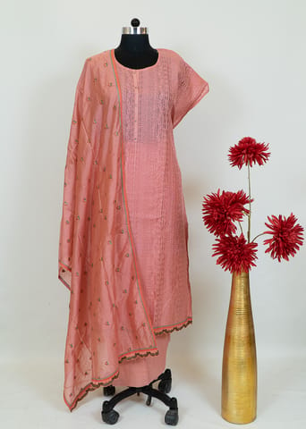 Gajree Color Chanderi Embroidered Shirt With Cotton Lower And Chanderi Embroidered Dupatta