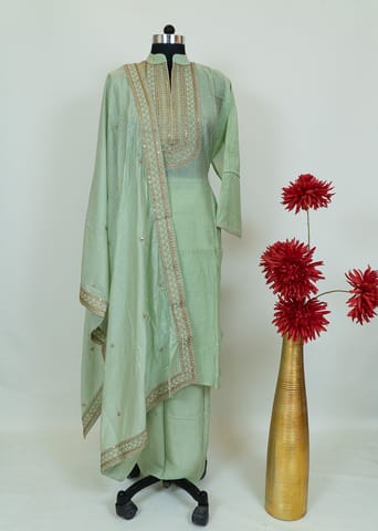 Sea Green Color Chanderi Shirt With Cotton Lower and Chanderi Embroidered Dupatta