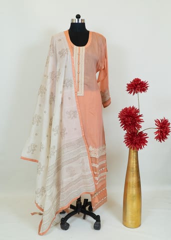 Peach Color Chanderi Embroidered Shirt With Cotton Lower And Cream Muslin Dupatta