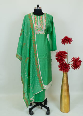 Green Color Chanderi Embroidered Shirt With Cotton Lower And Muslin Dupatta