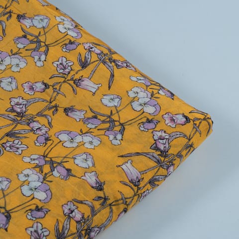 Yellow Color Muslin Digital Printed Fabric