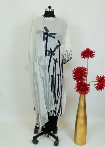 White Muslin Printed Embroidered Shirt With Black Cotton Lower And Off White Chiffon Dupatta
