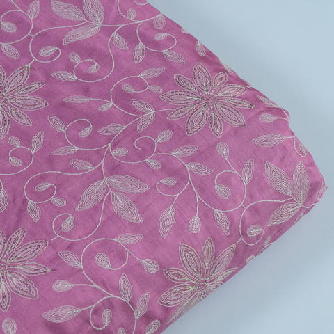 Onion Pink Color Dola Silk Embroidered Fabric