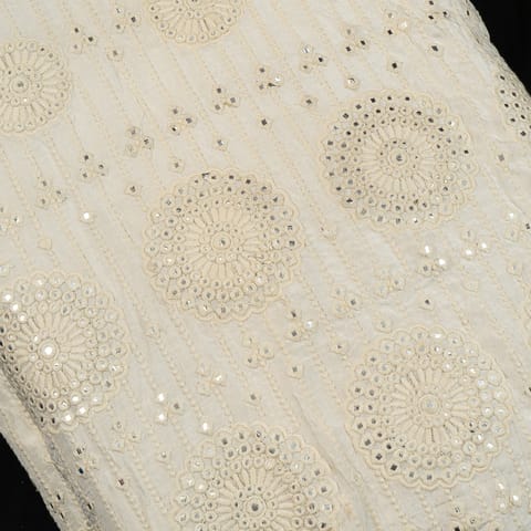 White Color Dola Silk Embroidered Fabric