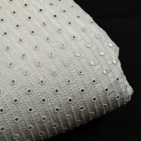 White Color Dola Silk Embroidered Fabric
