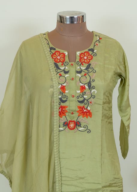 Green Color Muslin Embroidered Shirt With Muslin Embroidered Bottom And Chiffon Dupatta