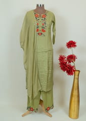 Green Color Muslin Embroidered Shirt With Muslin Embroidered Bottom And Chiffon Dupatta