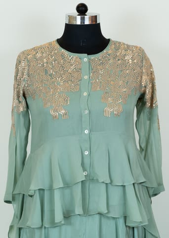 Sage Green Color Georgette Embroidered Shirt With Rayon Garara