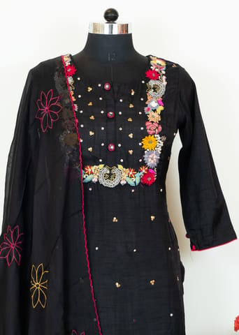 Black Color Dola Silk Embroidered Shirt with Dola Silk Pant and Viscose Organza Embroidered Dupatta