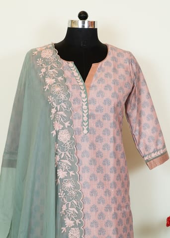 Peach Color Chanderi Printed Embroidered Shirt with Pant and Viscose Organza Embroidered Dupatta