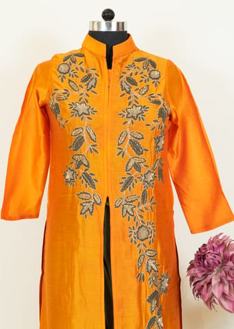 Orange Color Chanderi Embroidered Shirt With Lycra Net Pajami