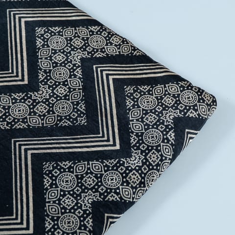 Black Color Mashru Silk Ajrakh Printed Fabric