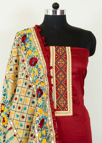 Maroon Color Jam Silk Embroidered Shirt with Zam Silk Bottom and Tissue Chanderi Kantha Embroidered Dupatta
