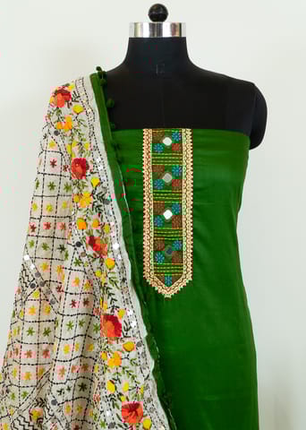 Green Color Jam Silk Embroidered Shirt with Zam Silk Bottom and Tissue Chanderi Kantha Embroidered Dupatta