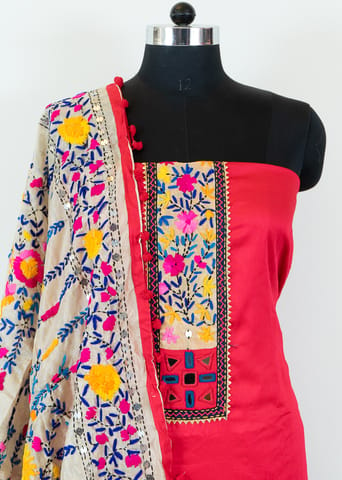 Majenta Color Jam Silk Embroidered Shirt with Zam Silk Bottom and Tissue Chanderi Kantha Embroidered Dupatta