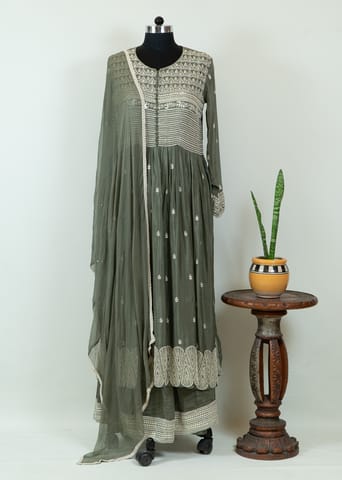 Green Color Chinon Embroidered Shirt with Chinon Embroidered Palazzo and Chiffon Dupatta