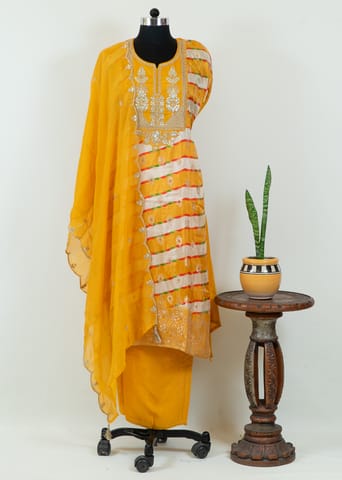 Yellow Dola Silk Printed and Embroidered Shirt with Shantoon Bottom and Viscose Organza Embroidered Dupatta