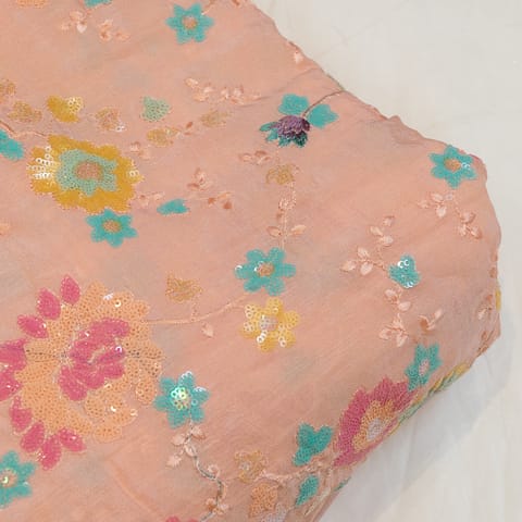 Peach Color Chinon Chiffon Embroidered Fabric