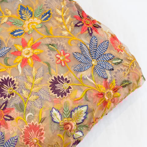 Beige Color Organza Embroidered Fabric