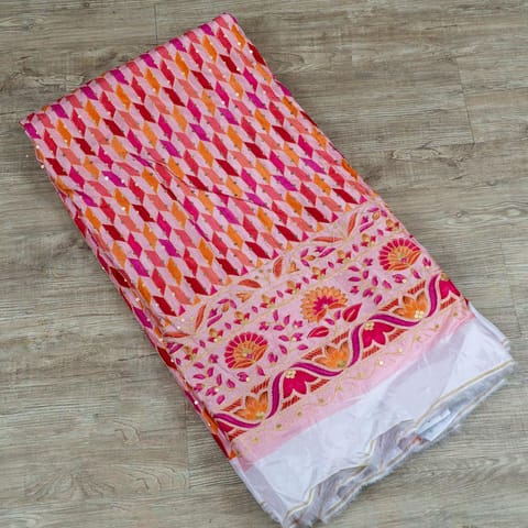 Peach Color Upada Print With Embroidery( 1Meter Piece)