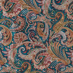 Blue Color Velvet Print with Gold Color Saroaski Embroidered Fabric
