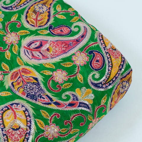 Green Color Chinon Embroidered Fabric Print(1 meter piece)