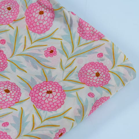 Cream Color Floral Pure Crepe Printed Fabric (1Meter Piece)