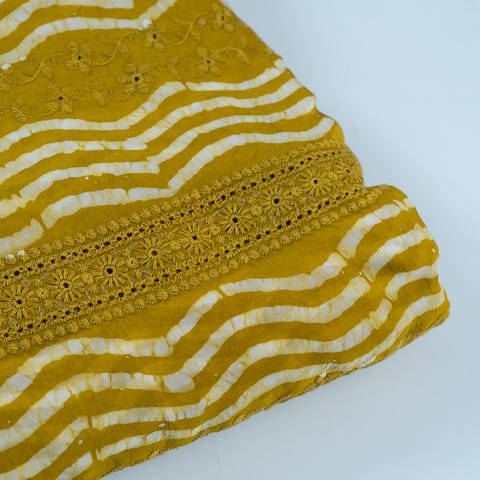 Mehndi Color Organza Batik Print with Thread Embriodered Fabric