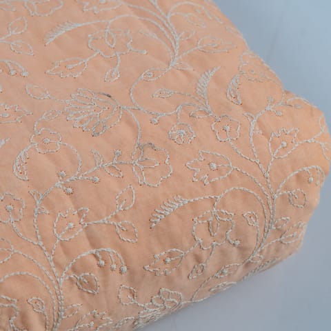 Peach Color Cotton Thread Lakhnavi Embroidered Fabric