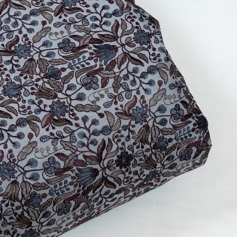 Dark Grey Color Tussar Silk Thread Embroidered Fabric