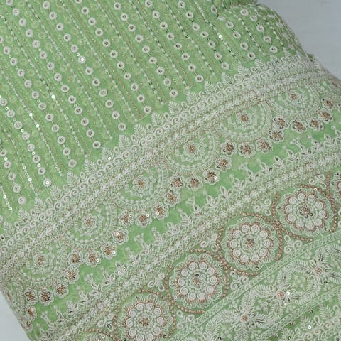 Pista Green Color Georgette Thread and Faux Mirror Embroidered Fabric