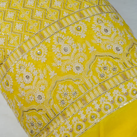 Yellow Color Georgette Thread and Faux Mirror Embroidered Fabric