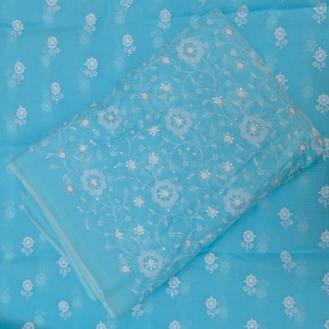 Firozi Cotton Kota Doria Thread Embroidered Fabric Set
